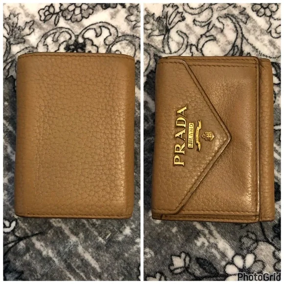 Prada AUTHENTIC Tan Leather Orange Interior Trifold Gold Logo Compact Wallet - Picture 5 of 16
